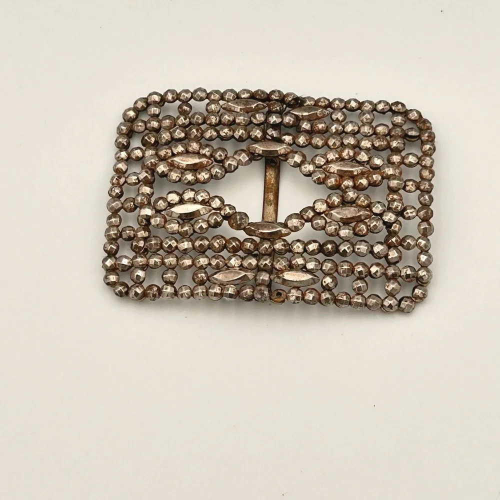 Antique M.G. France Cut Steel Belt Buckle Victorian Edwardian Openwork Silver